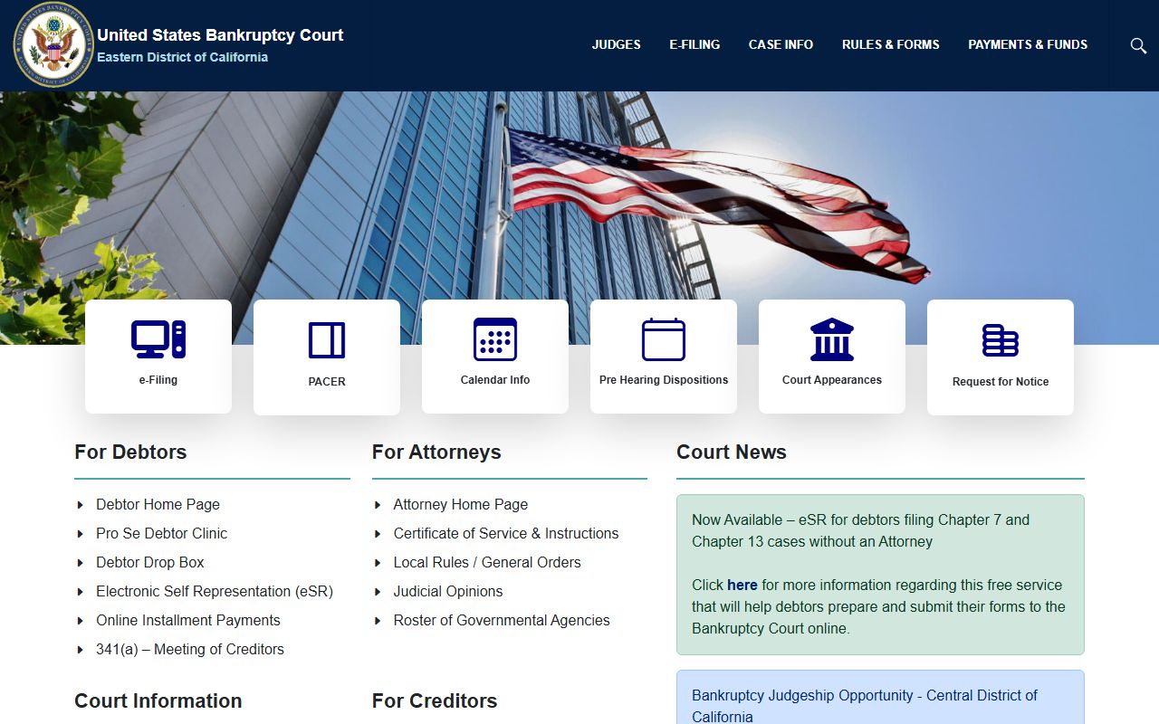 Eastern District of California Bankruptcy Court site for California bankruptcy records search