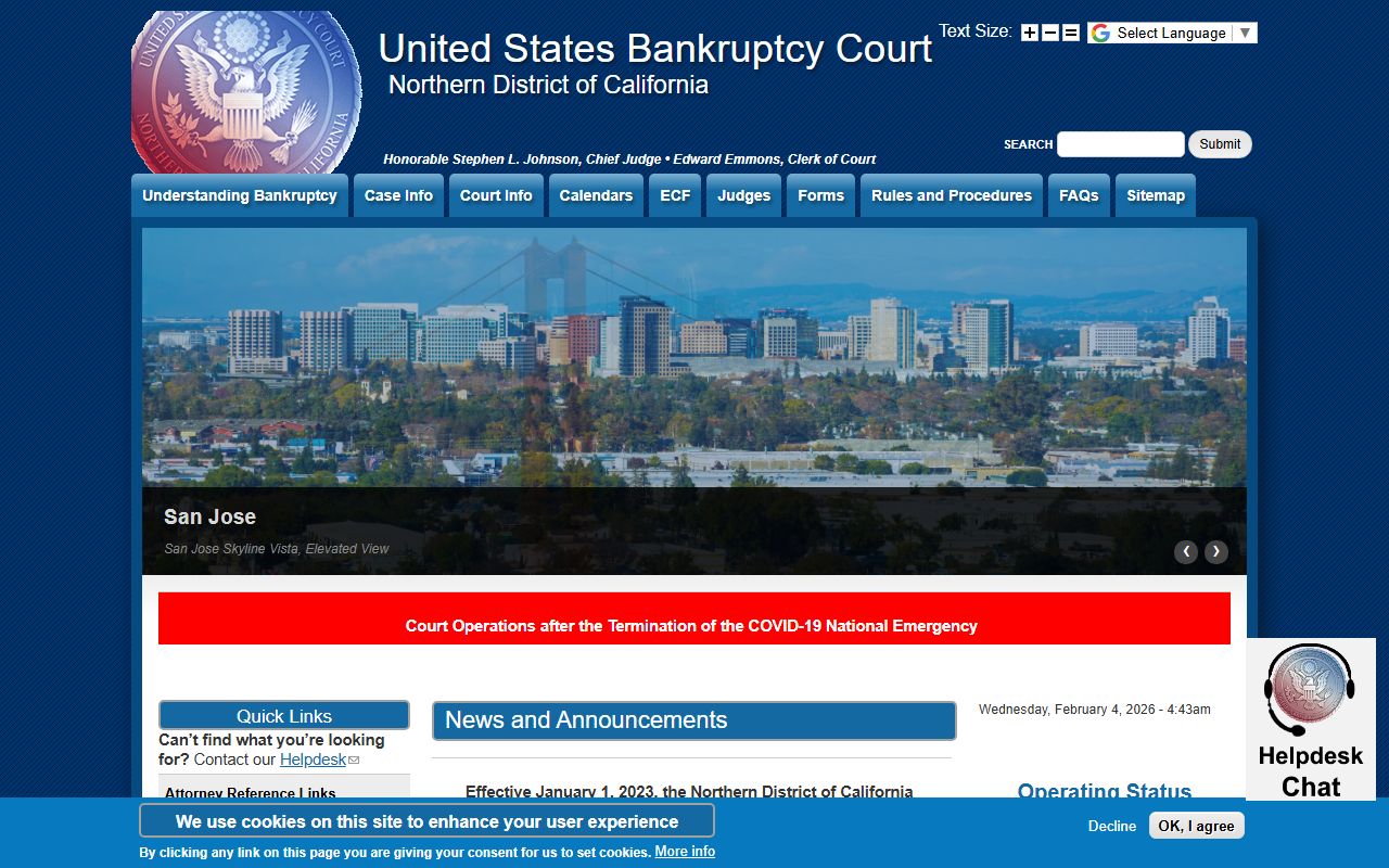 Northern District of California Bankruptcy Court homepage for bankruptcy record searches