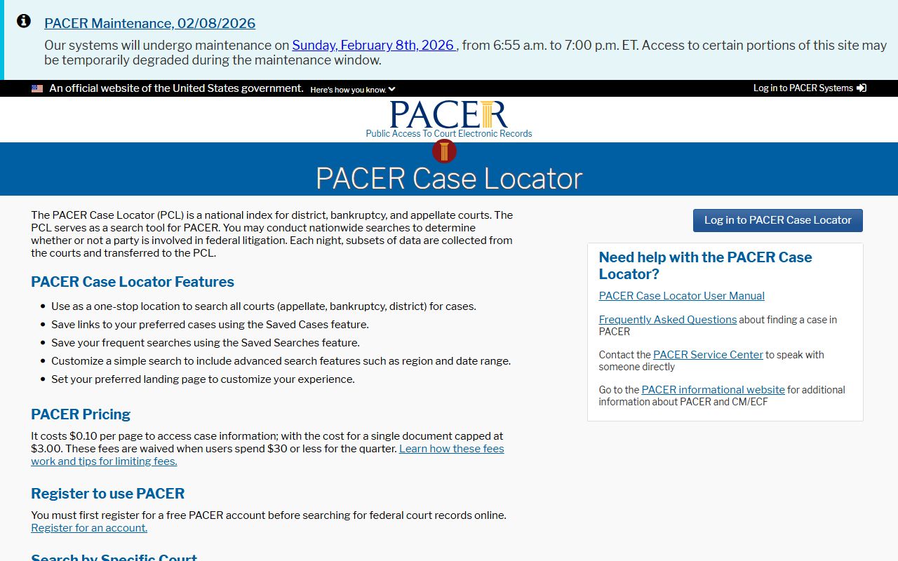 PACER Case Locator for nationwide bankruptcy record searches including California