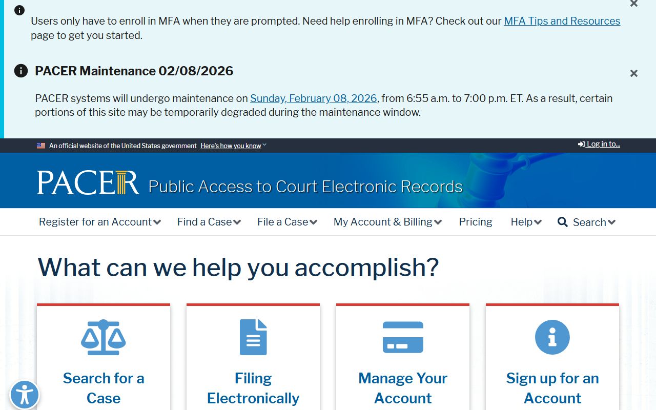 PACER main portal for searching California bankruptcy records online